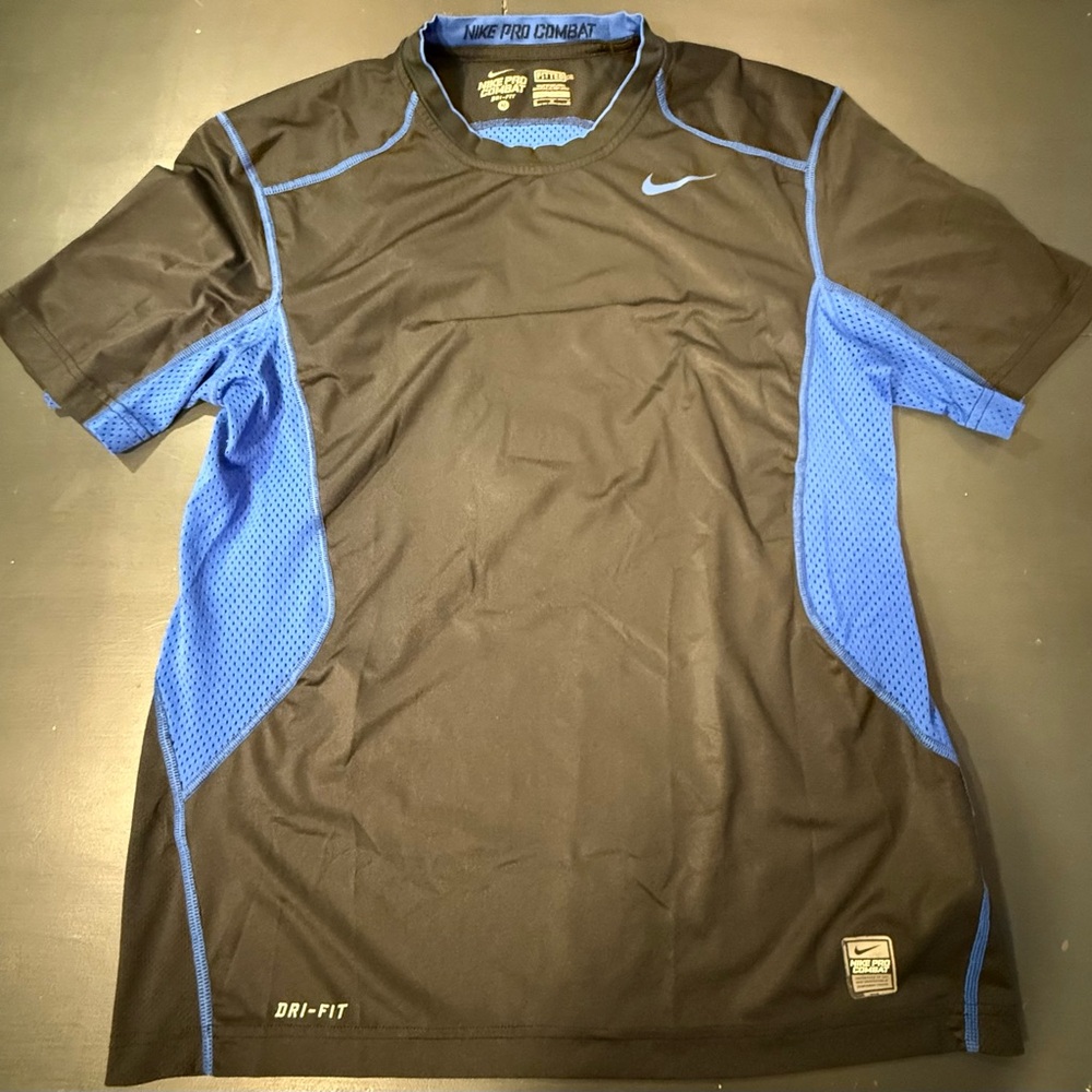 Nike Pro Combat T-shirt Men's Medium Fitted Black Blue Crew Neck SS Compression